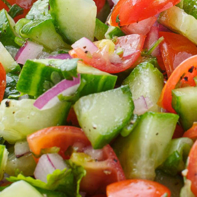 Tomato Cucumber Salad with Greek Seasoning Olive Oil and Lemon Cucumber White Balsamic Vinegar