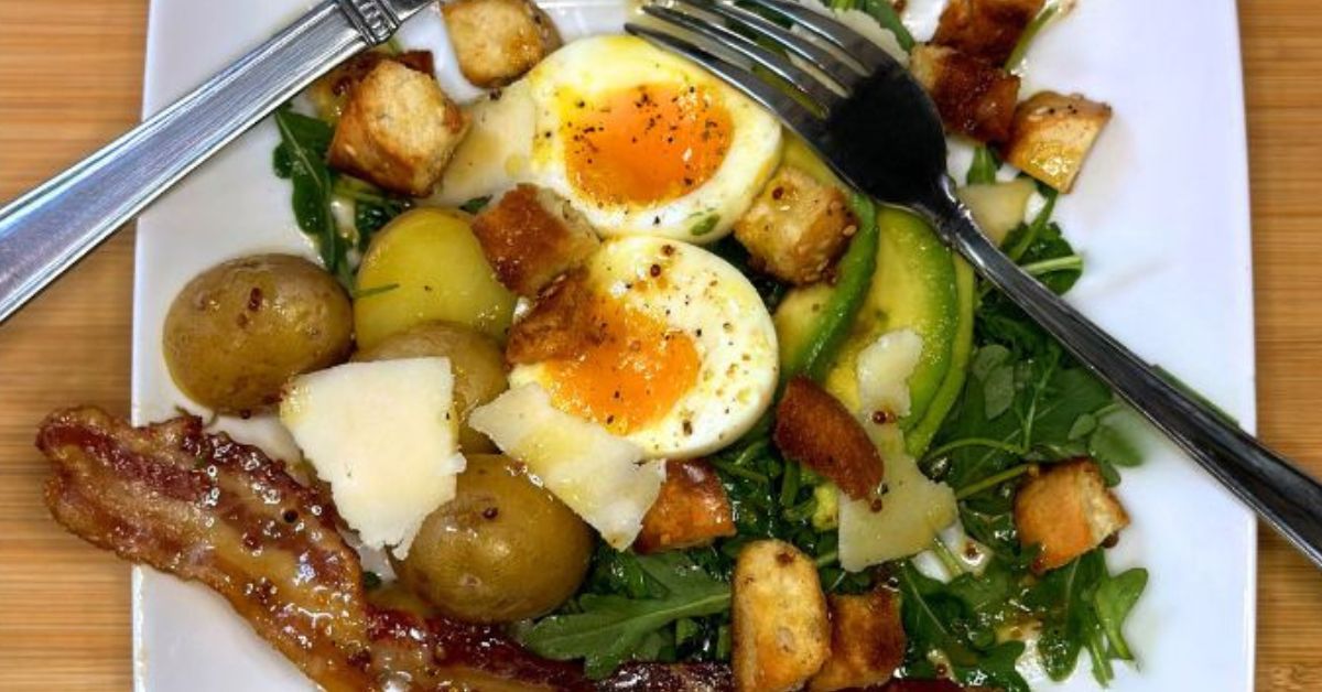 Sunday Brunch Salad with Bagel Croutons and Browned Sugar Glazed Bacon