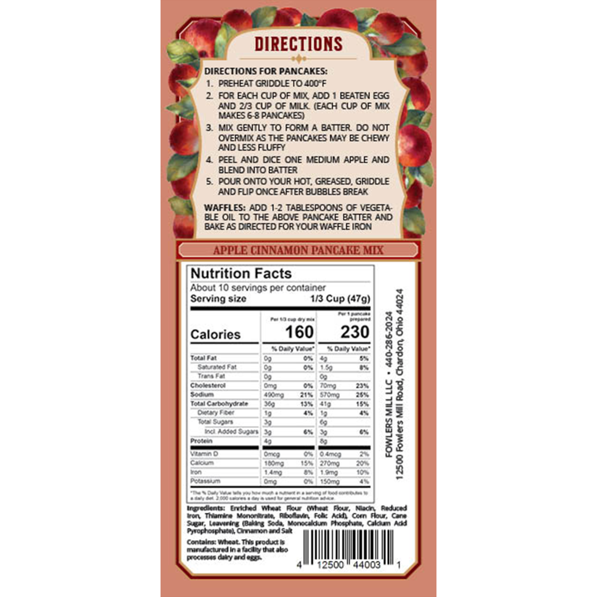 Back of an Apple Cinnamon Pancake Mix package with directions and nutrition facts.