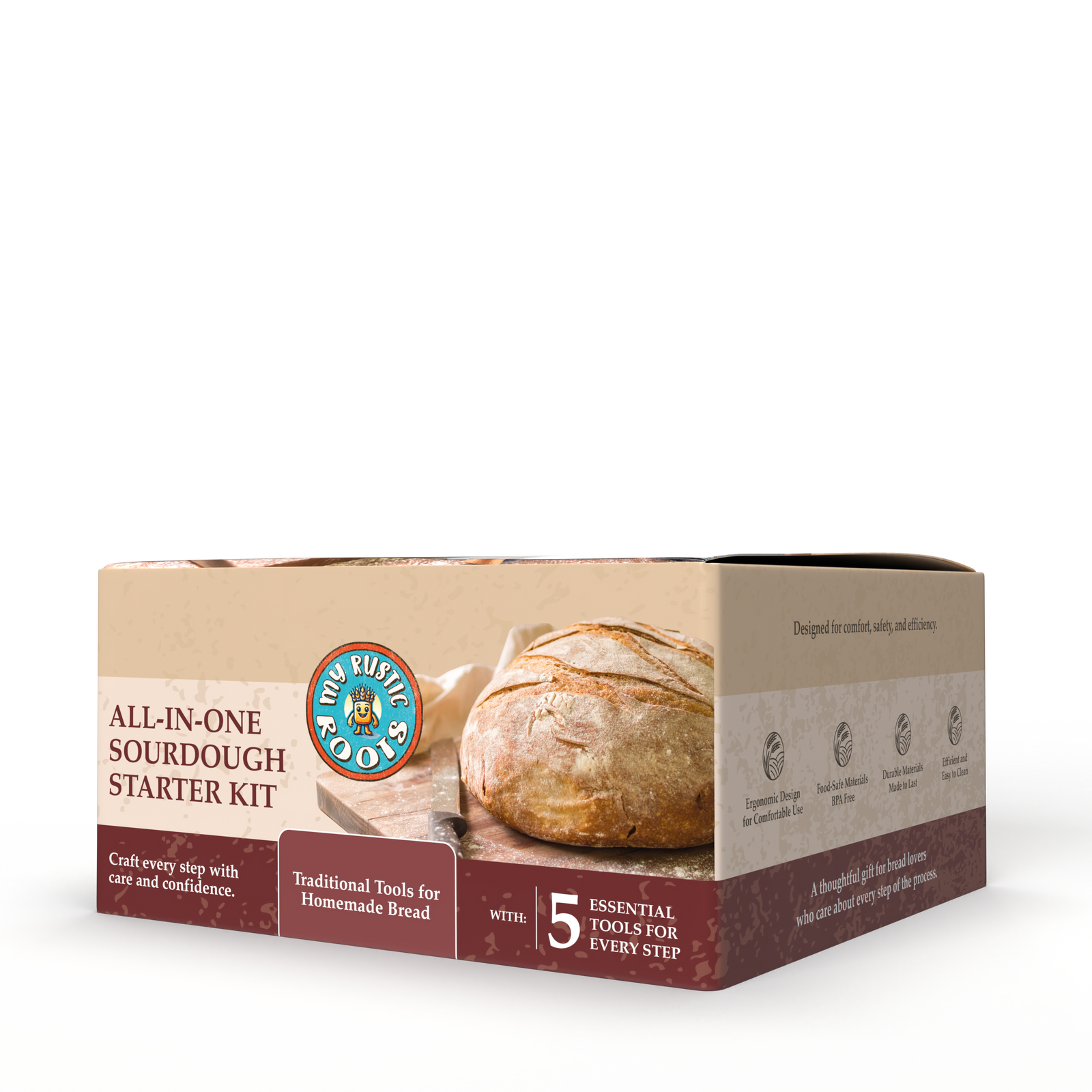 Box of All-in-One Sourdough Starter Kit with a loaf of bread on a white background