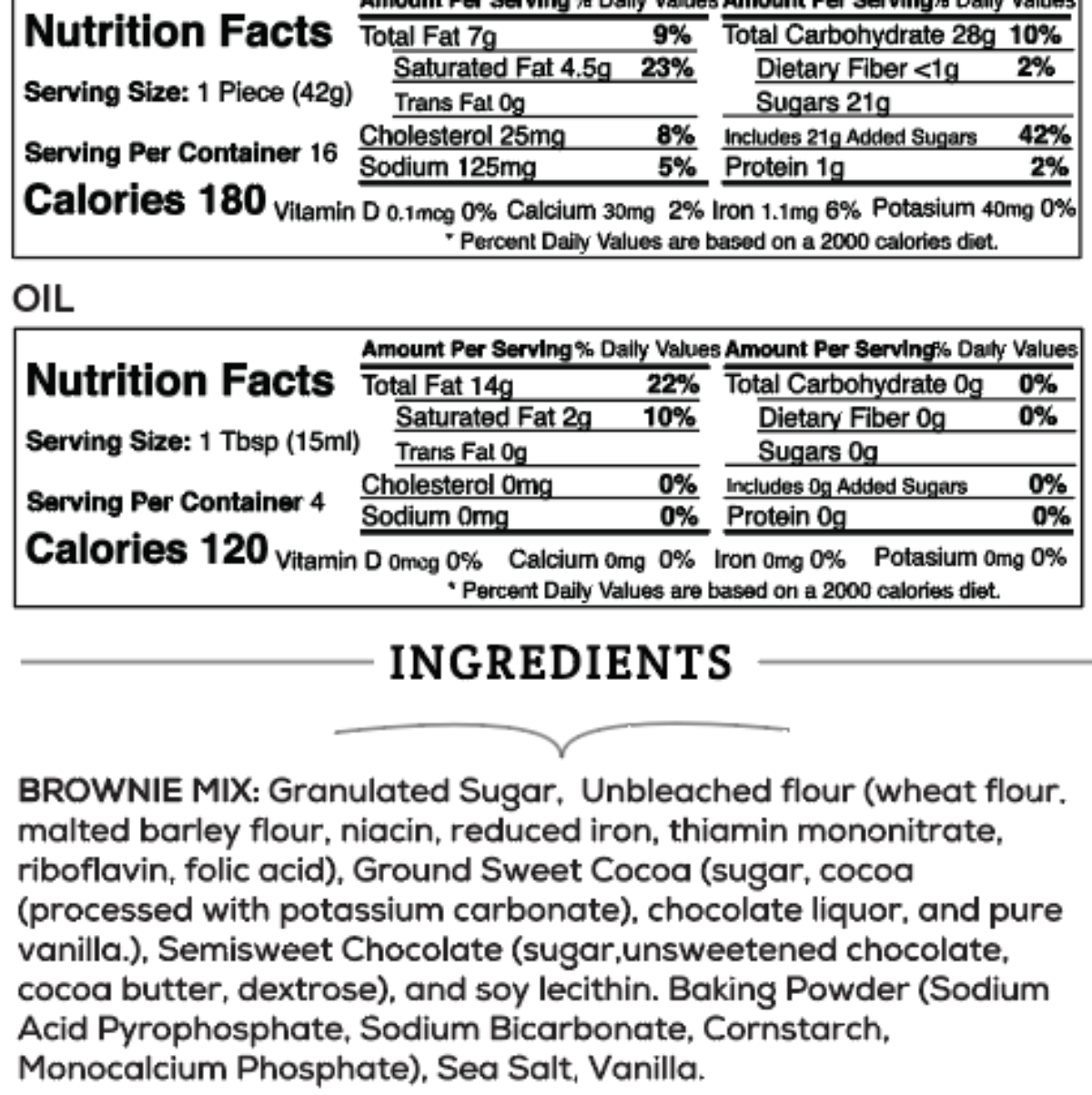 Nutrition facts and ingredients list for a brownie mix product.
