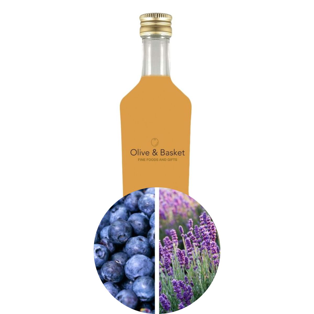 Bottle with a gold cap and mustard-colored label featuring 'Olive & Basket' on a white background, with insets of blueberries and lavender.