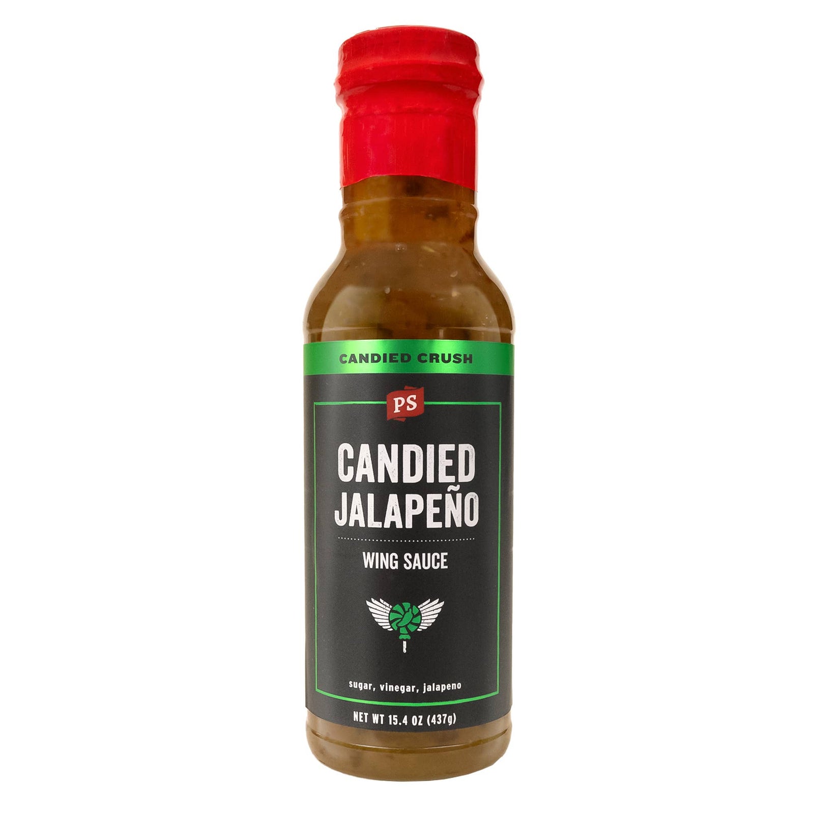 Bottle of Candied Jalapeño wing sauce with a red cap on a white background