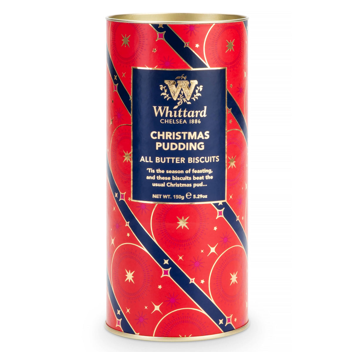 Red cylindrical biscuit tin with blue label featuring Whittard branding on a white background