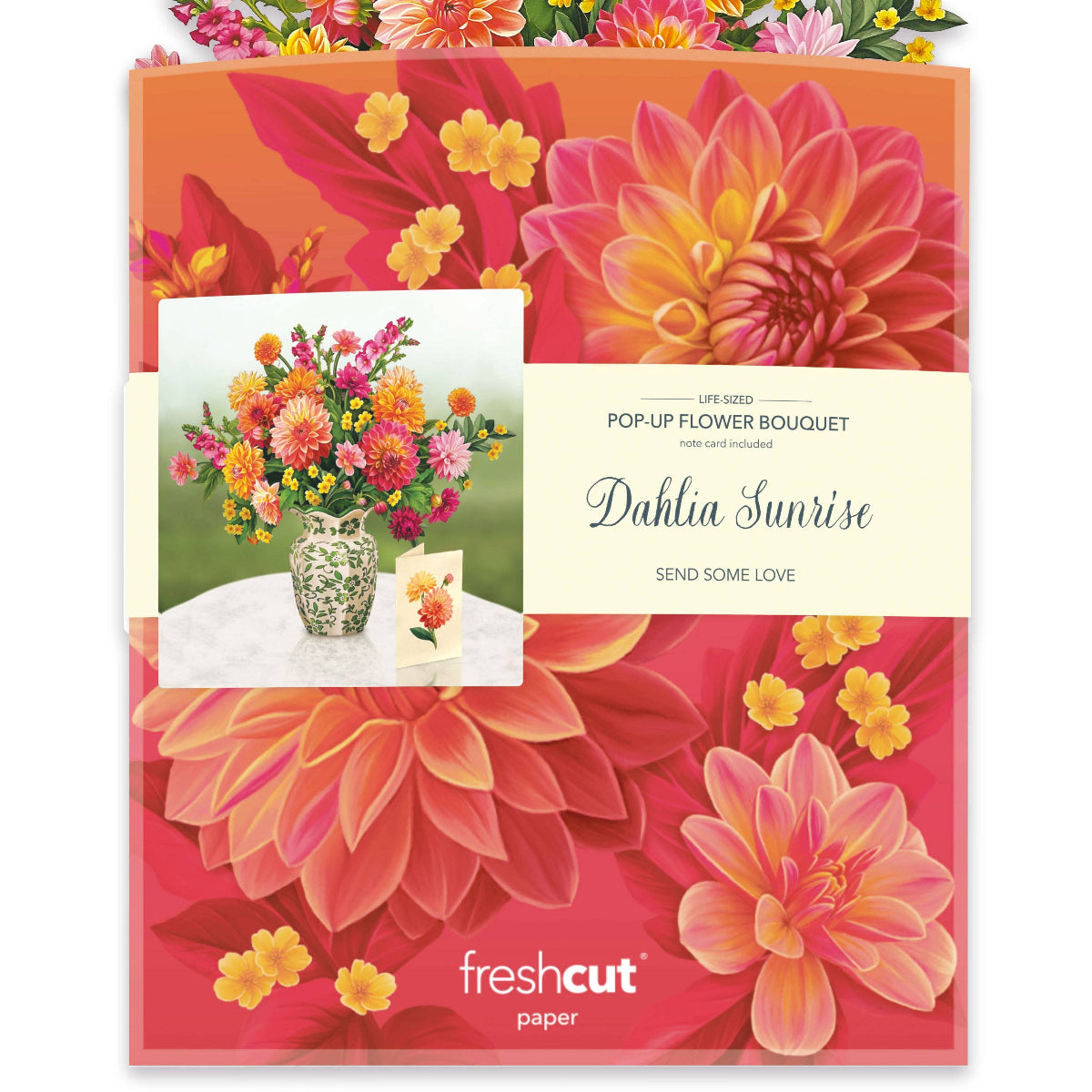 Floral-themed product packaging with colorful flowers and 'fresh cut' branding.