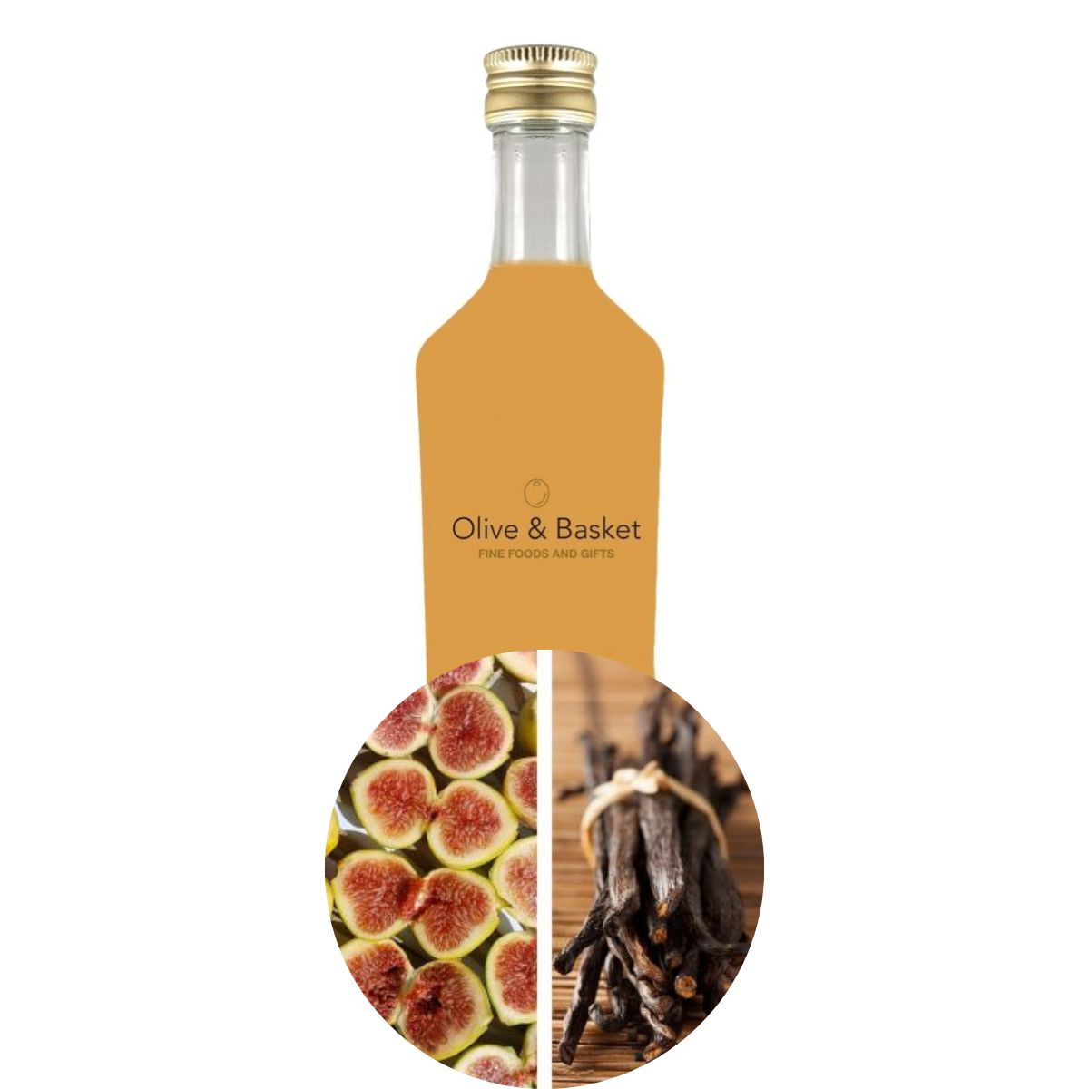 Bottle with a label featuring images of figs and vanilla beans, branded 'Olive & Basket'.