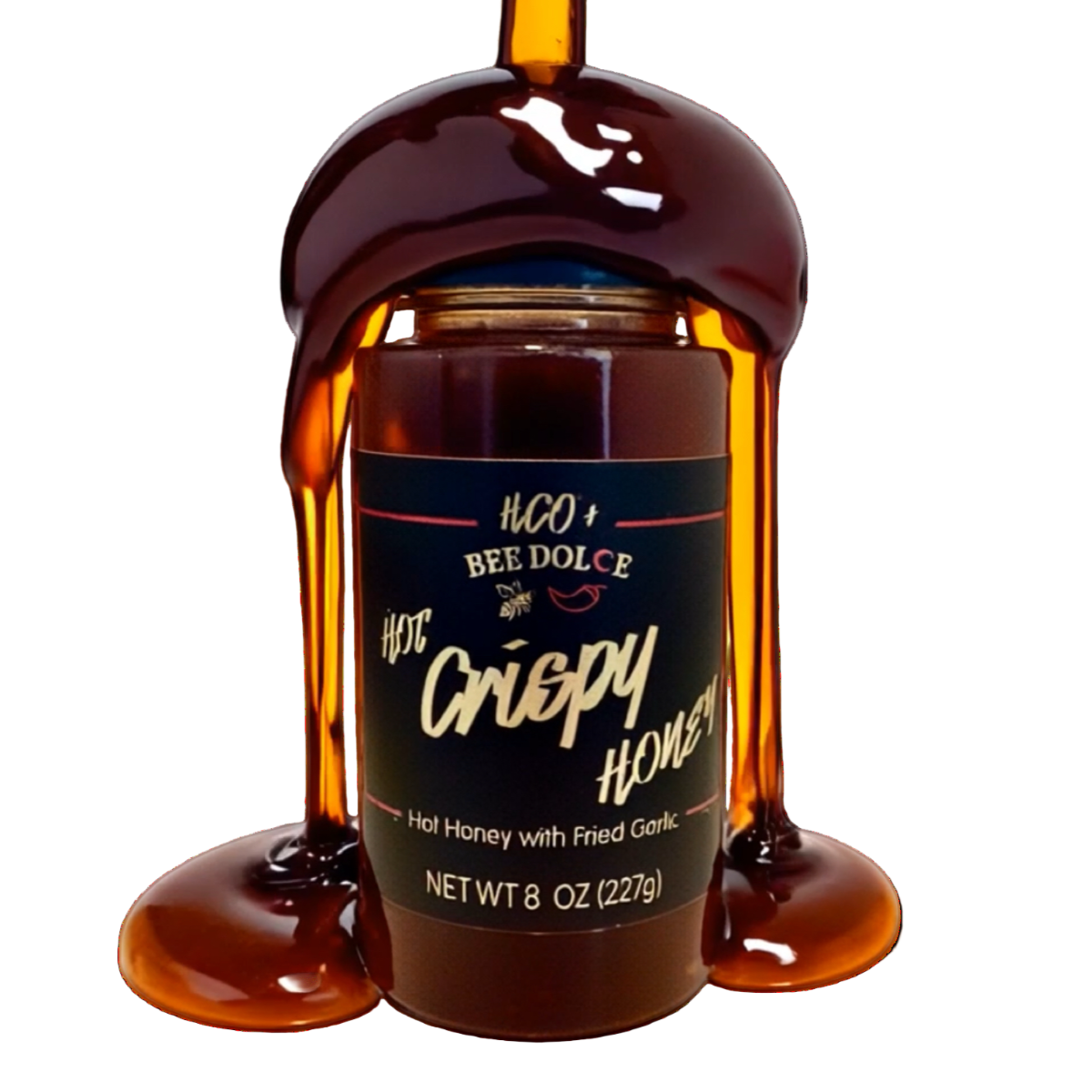 Bee Dolce Crispy Honey bottle with label on a white background