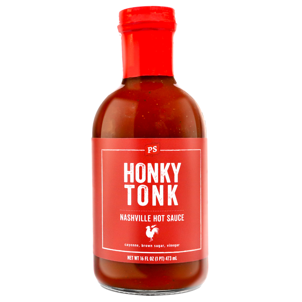 Bottle of Honky Tonk Nashville Hot Sauce with red label on white background
