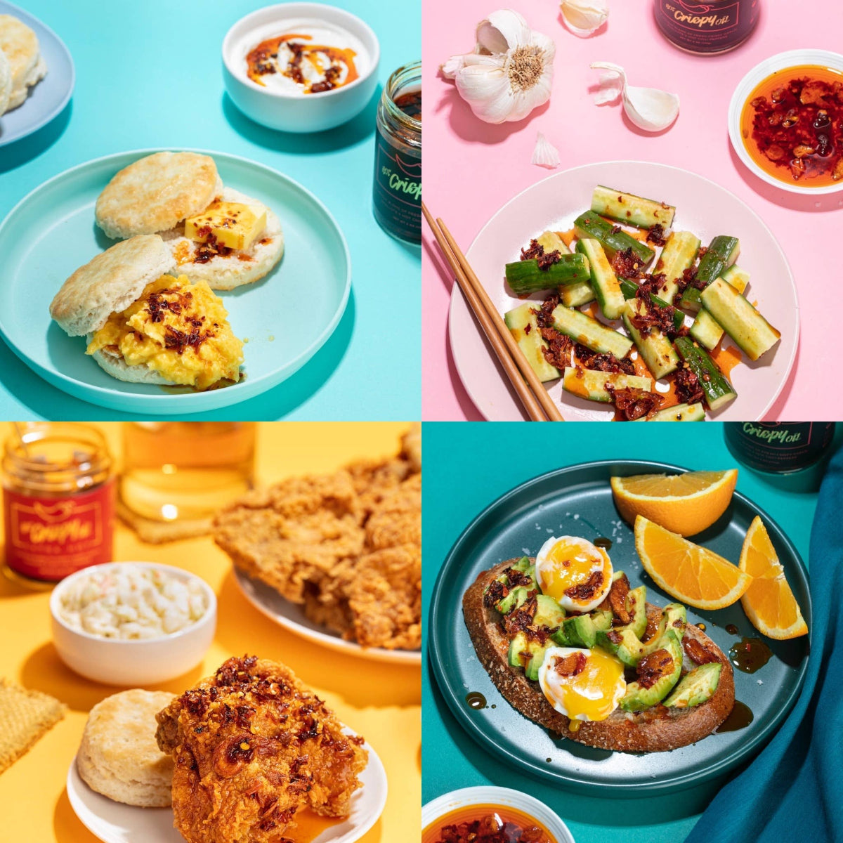 Collage of breakfast and brunch dishes with various condiments on a colorful background.
