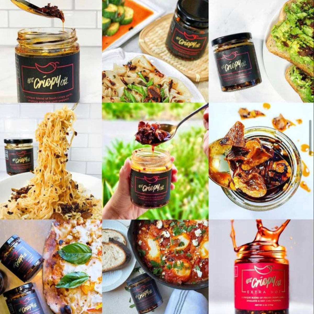 Collage of images featuring jars of a food product with various uses and settings.
