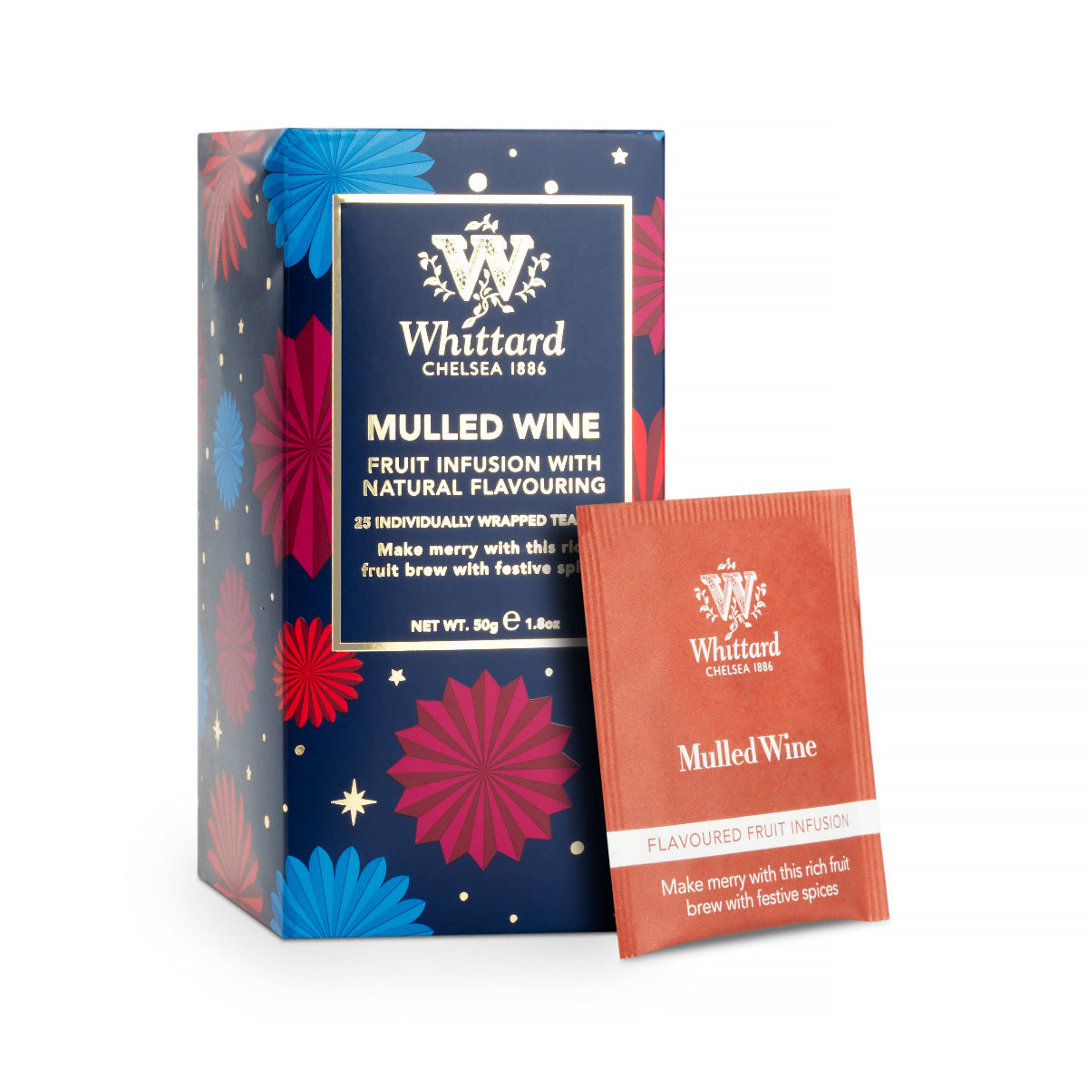 Whittard Mulled Wine tea packaging with floral design on a white background