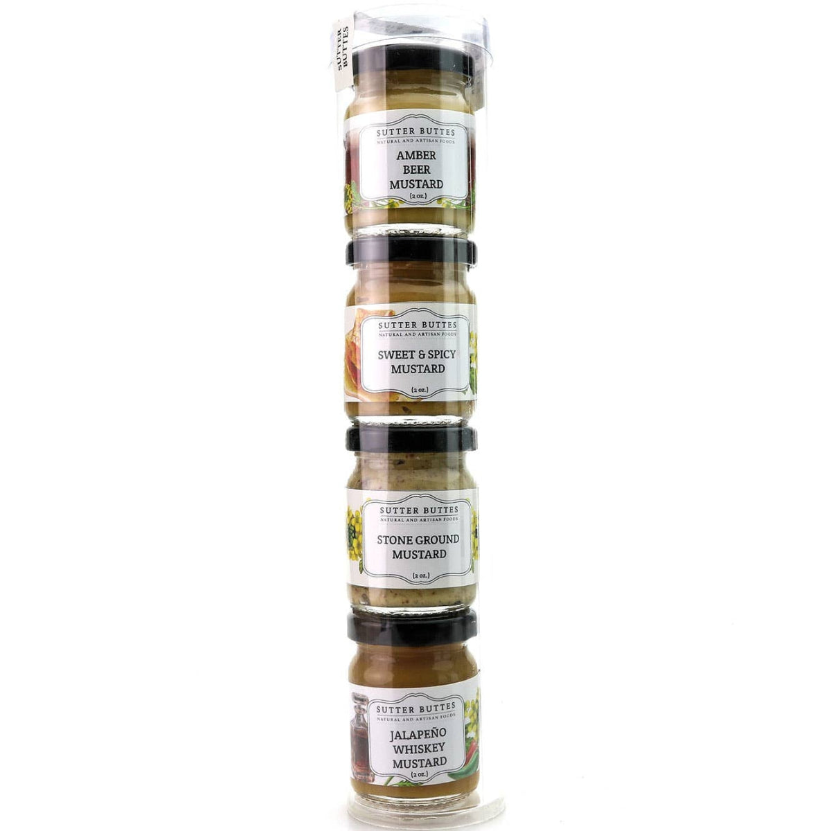 Stack of mustard bottles with labels on a white background