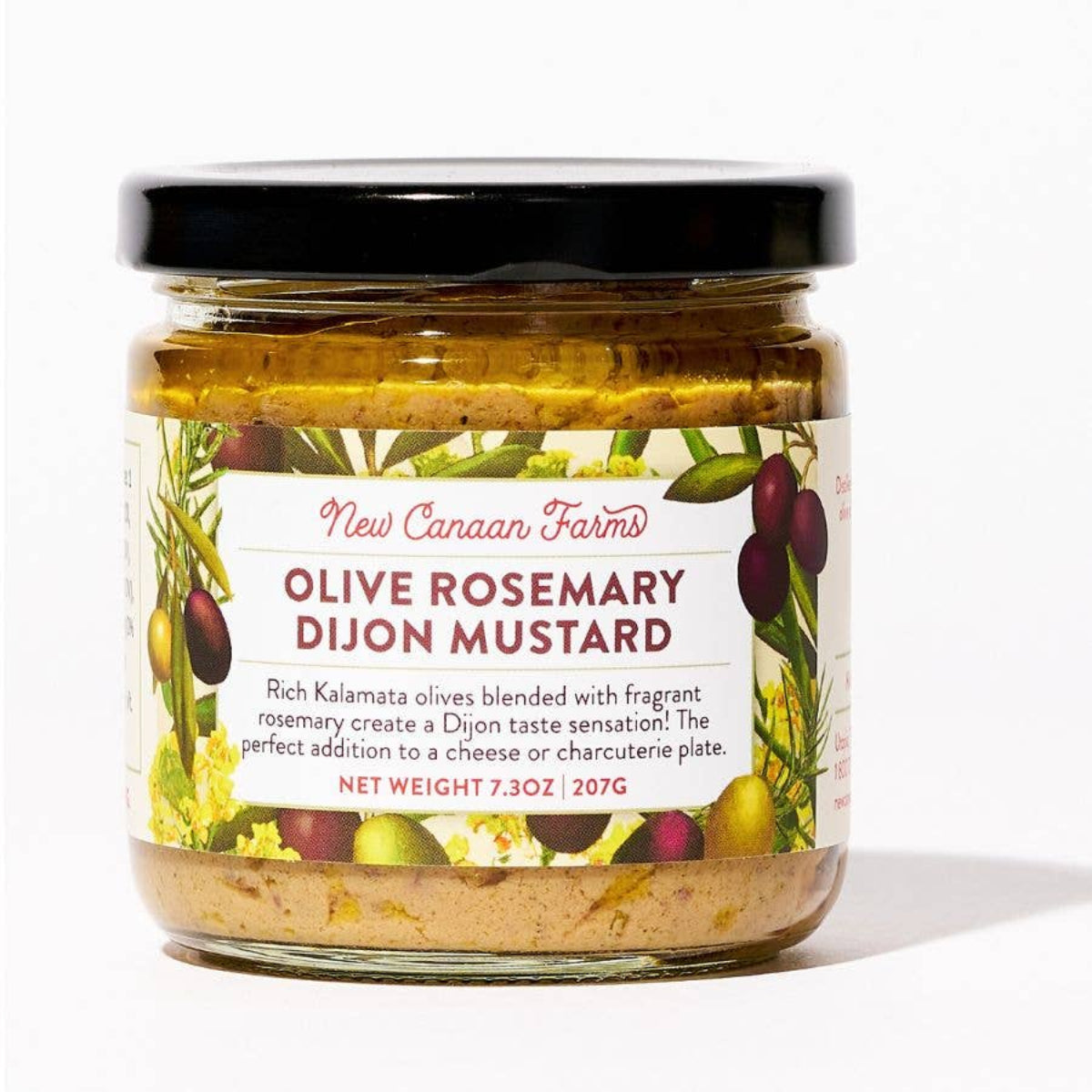 Jar of New Canaan Farms Olive Rosemary Dijon Mustard on a white background