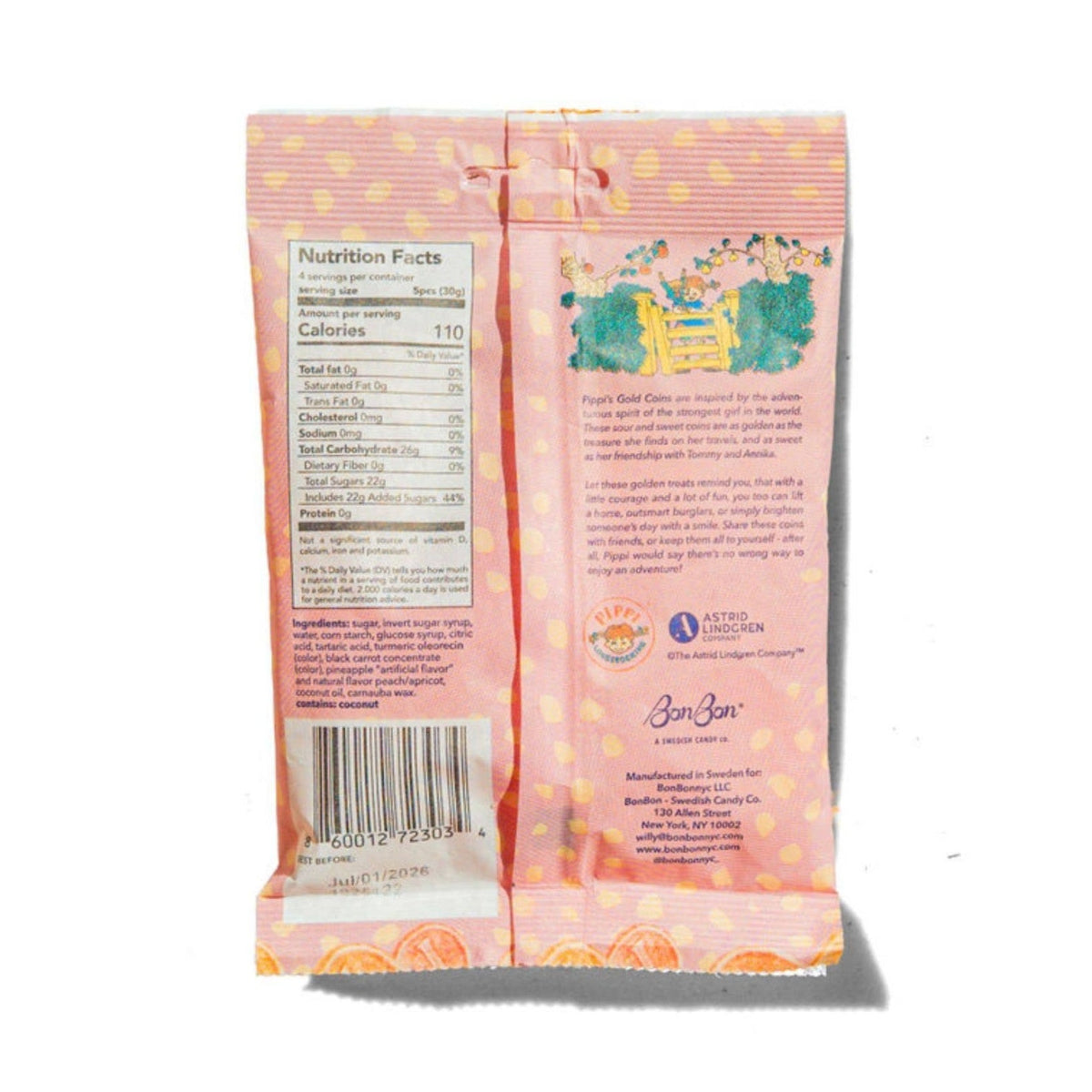 Back view of a candy package with nutritional information and branding on a white background