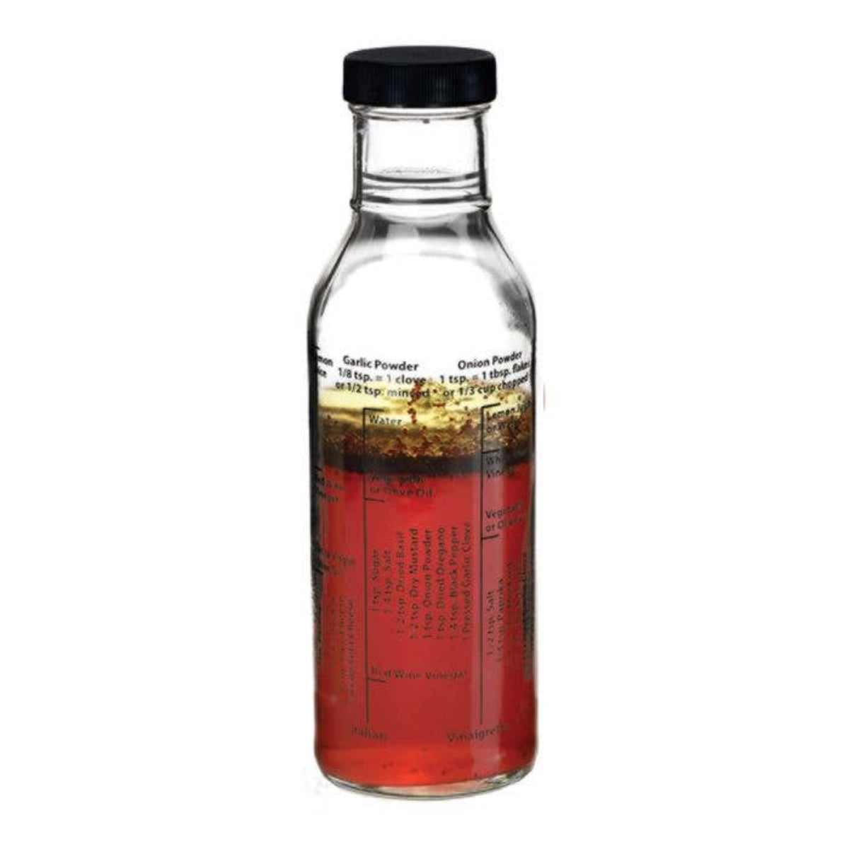 Clear bottle with black cap containing a red liquid on a white background