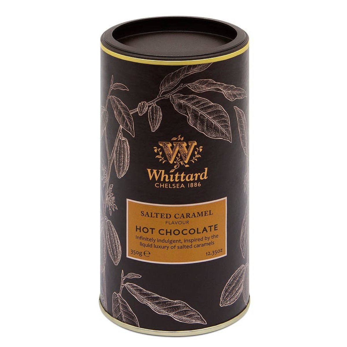 Whittard hot chocolate canister with branding and flavor details on a white background