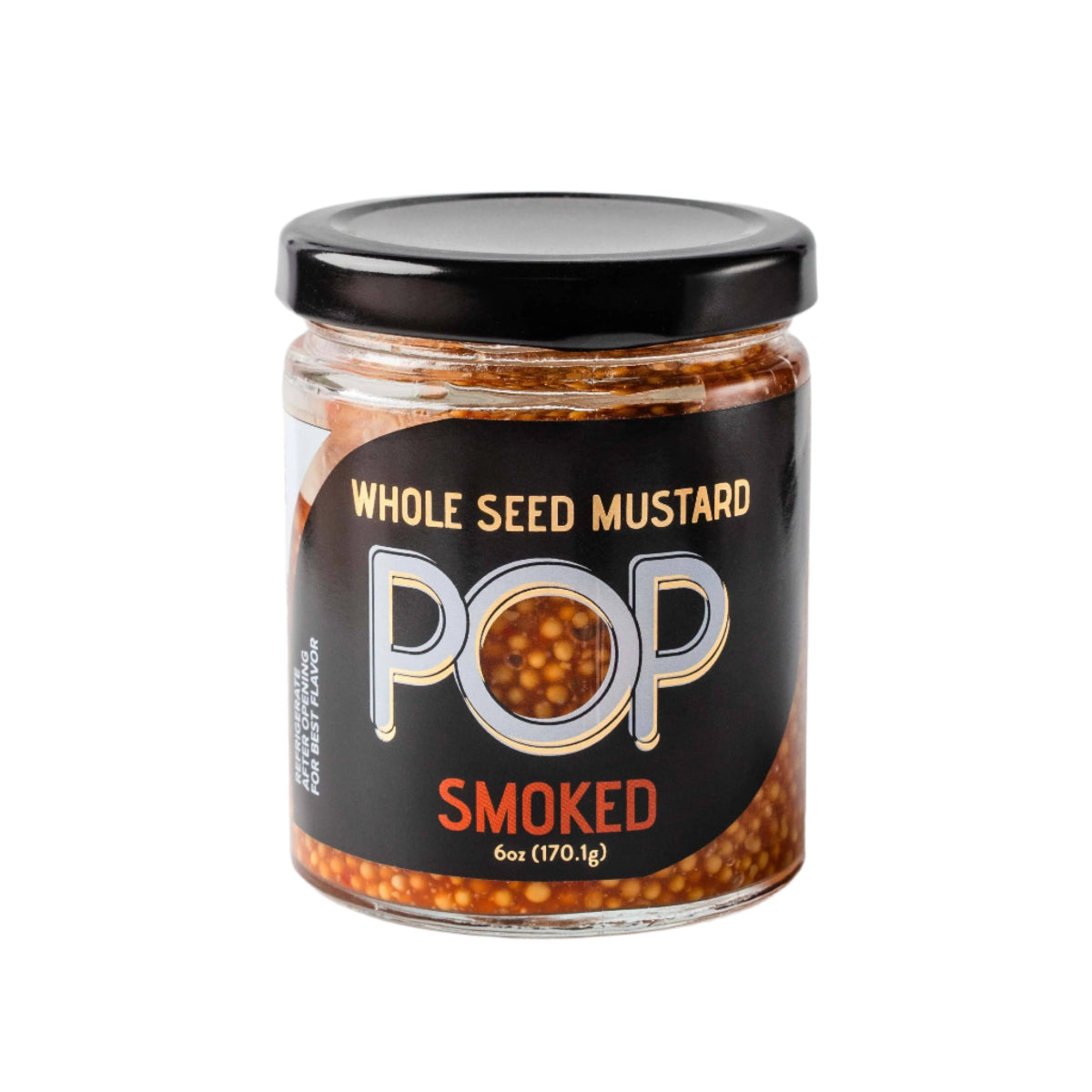 Jar of Whole Seed Mustard Pop Smoked on a light gray background