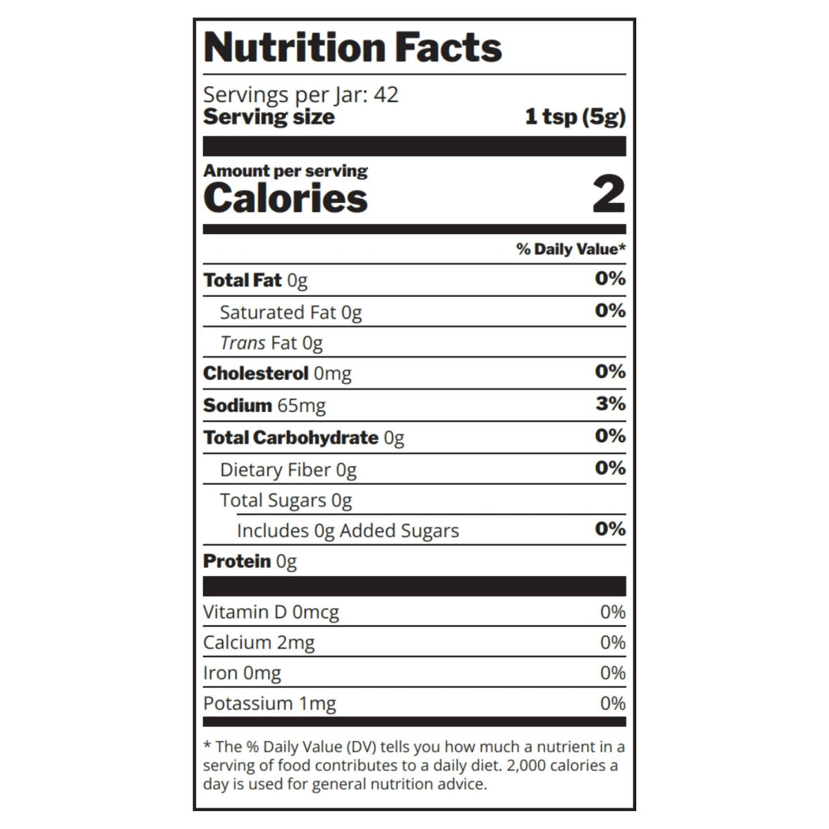 Nutrition facts label for a product with serving size of 1 tsp and 42 servings per jar.