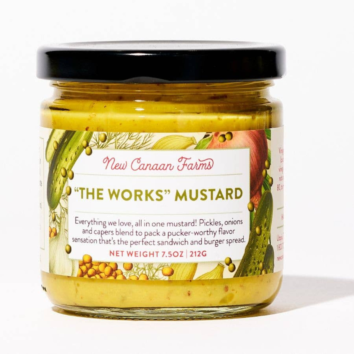 Jar of 'The Works' Mustard from New Canaan Farms on a white background