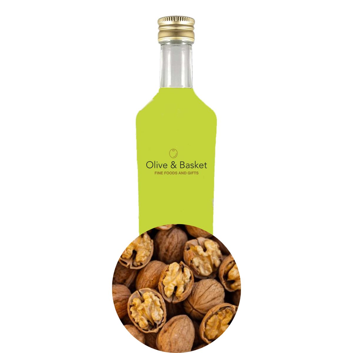 Bottle of olive oil with a label showing walnuts and the brand 'Olive & Basket'.
