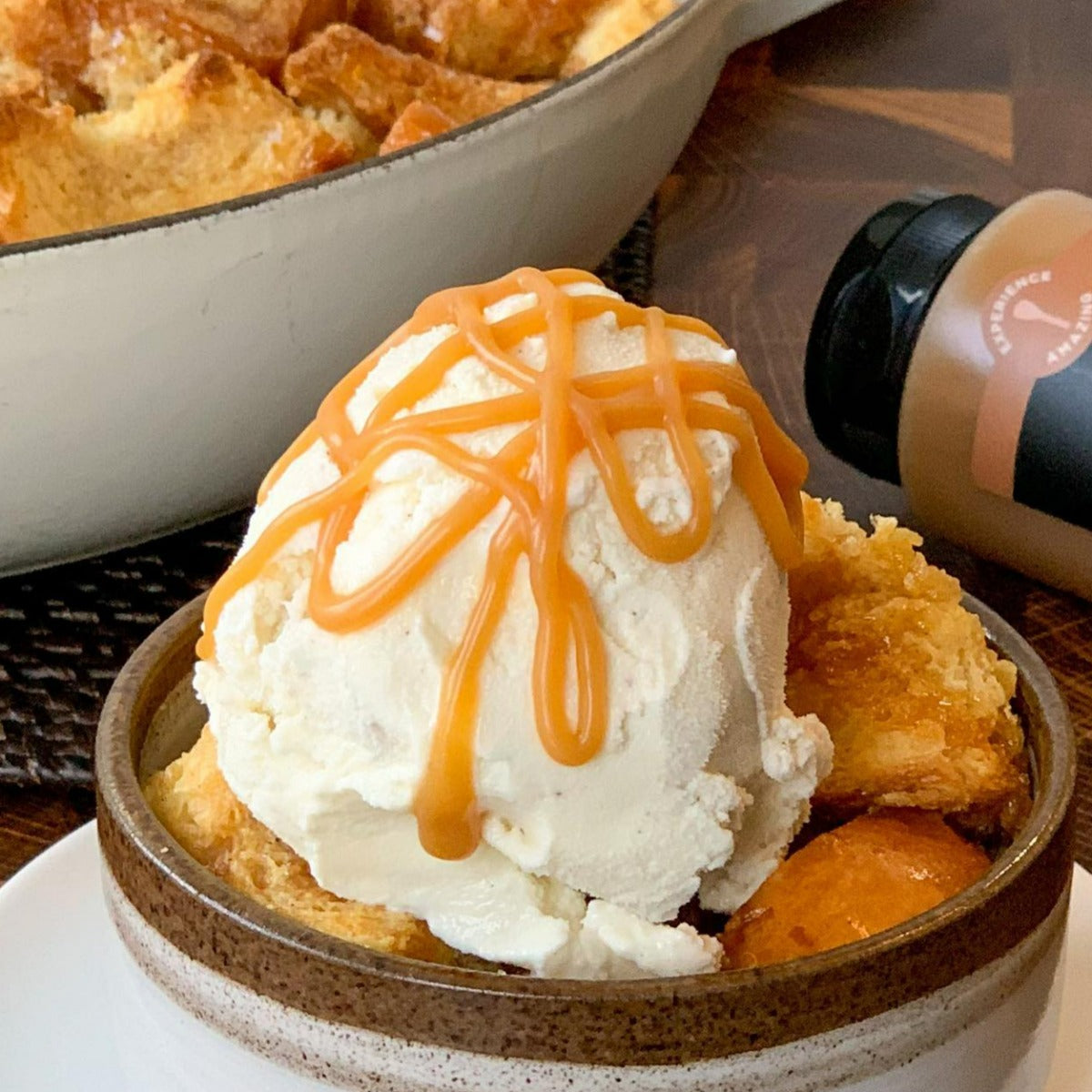 ice cream with caramel sauce, olive and basket