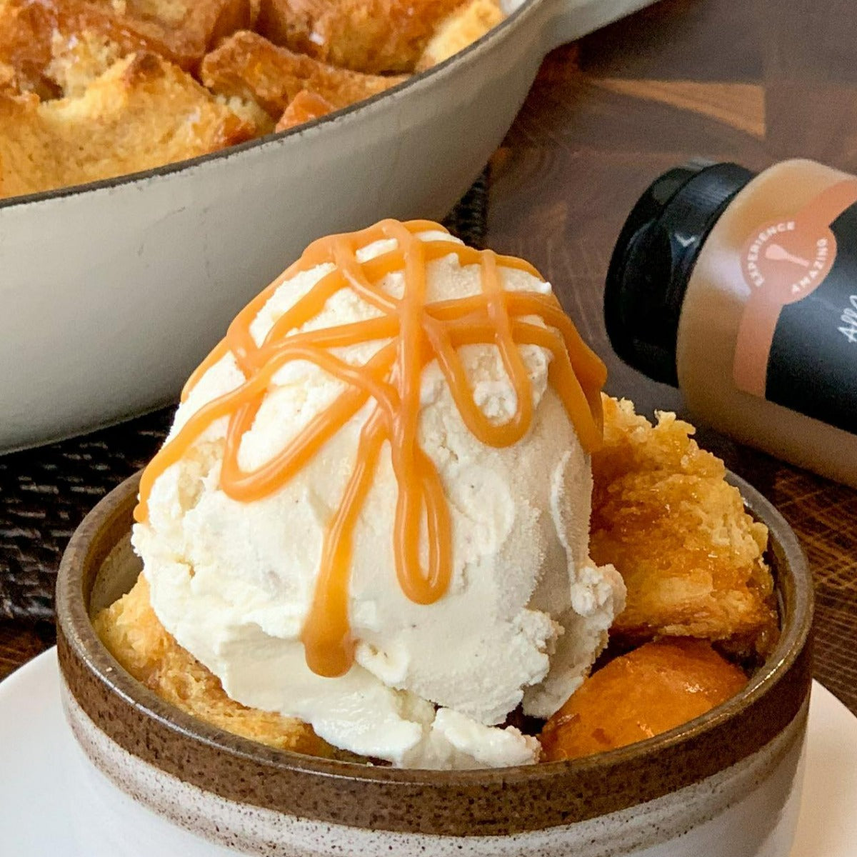 ice cream with caramel sauce, olive and basket