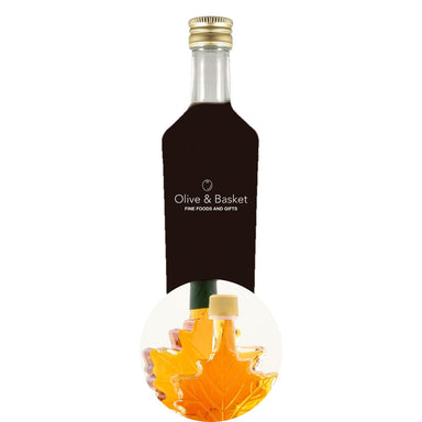 Bottle of Maple Dark Balsamic Vinegar with icon featuring two  maple-leaf shaped bottles of maple syrup.