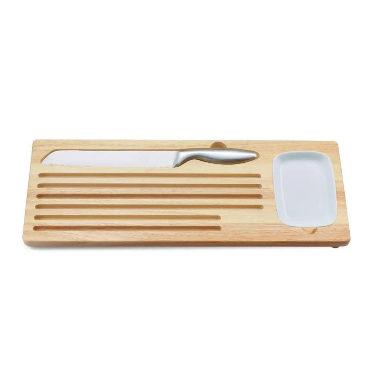 Bread cutting board with stainless steel knife and olive oil dipping dish