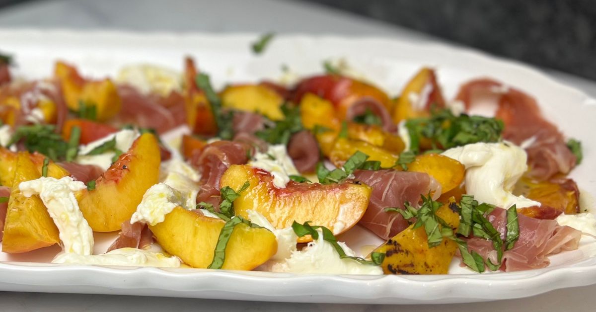 Grilled Peaches and Burrata Salad with Basil EVOO & Honey Lemon White Balsamic Vinegar