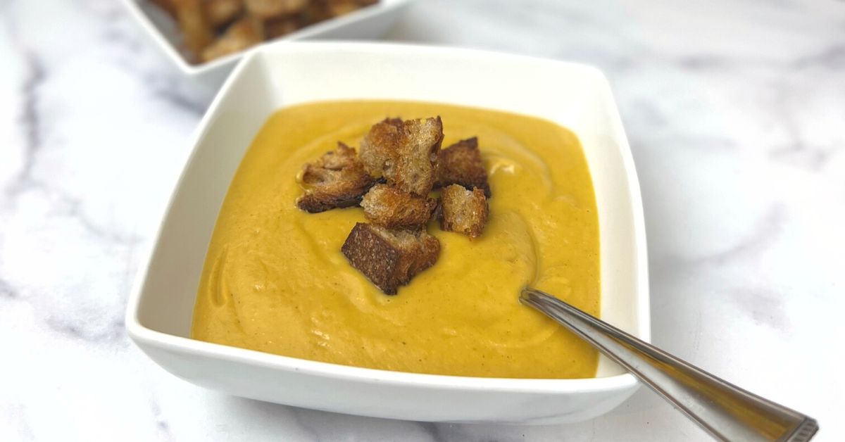 Roasted Apple Butternut Squash Soup with Rosemary Olive Oil and Shawarma Seasoning
