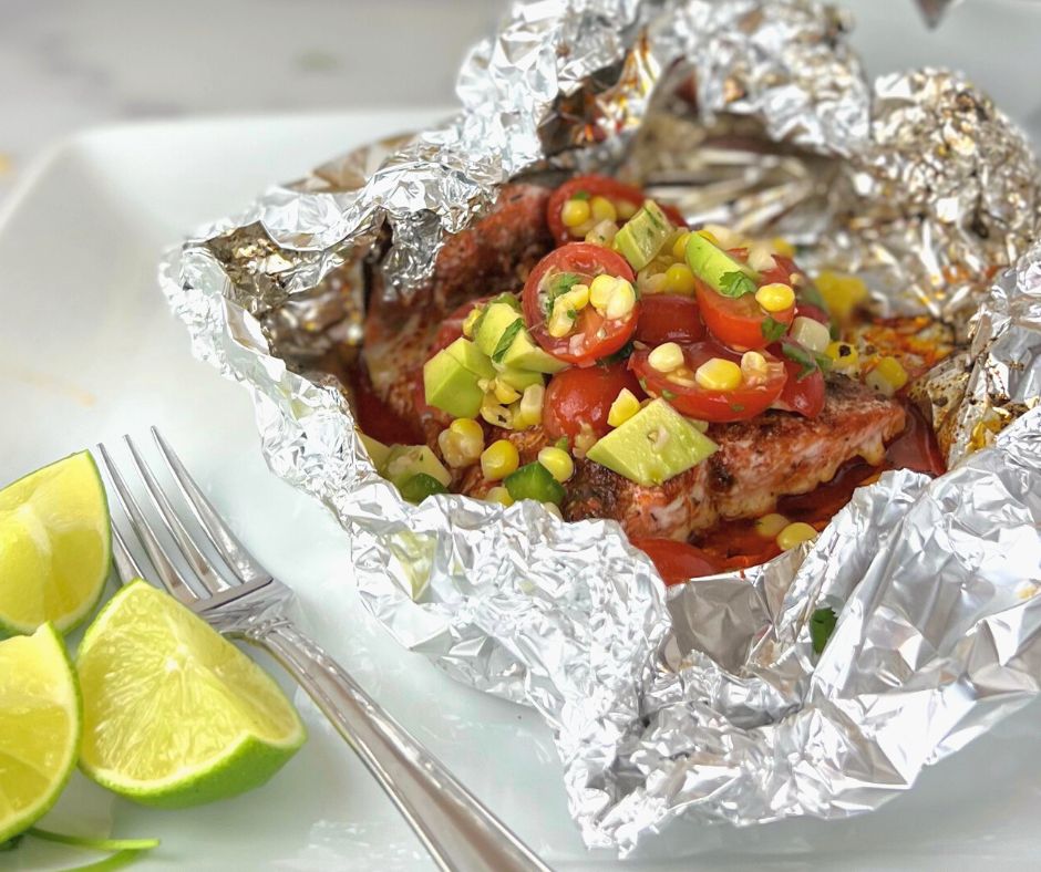 baked salmon with fresh avocado salad