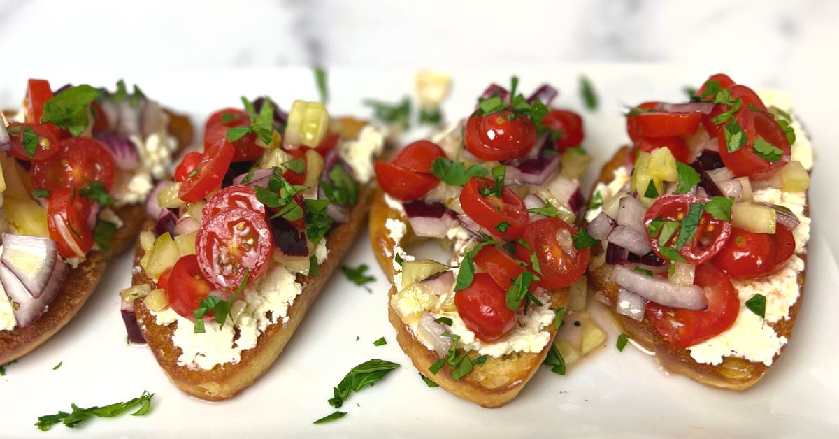 Greek Bruschetta with Greek Seasoning EVOO and Lemon Cucumber White Balsamic Vinegar