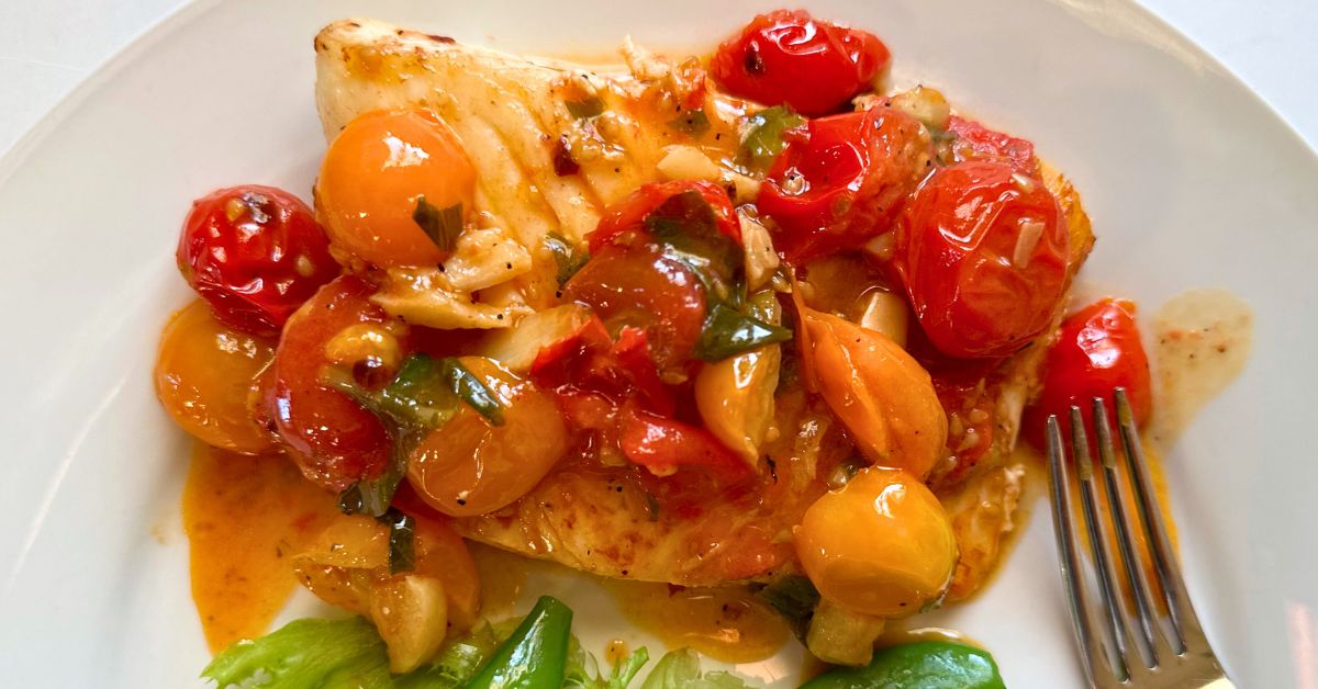 Seared Cod with Tomato, Basil, & Lemon Sauce Olive & Basket