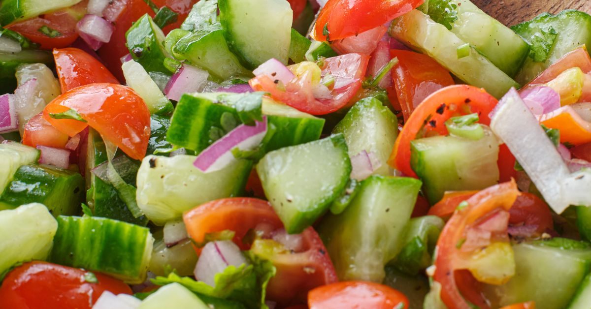 Tomato Cucumber Salad with Greek Seasoning Olive Oil and Lemon Cucumber White Balsamic Vinegar