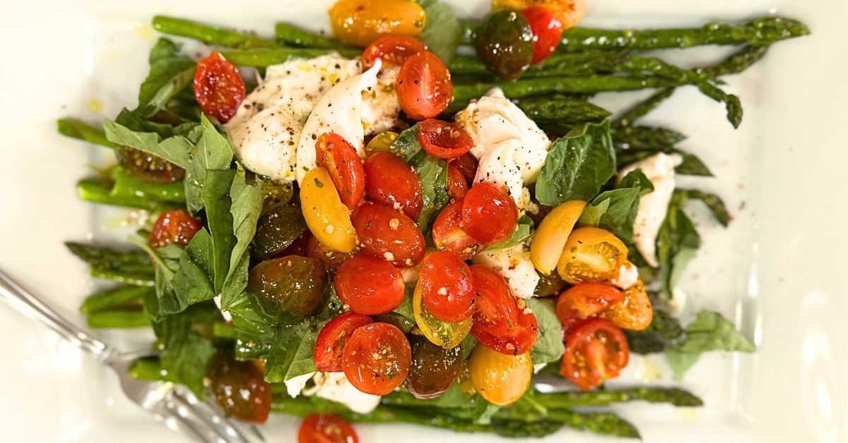 Roasted Asparagus & Tomato Salad with Burrata and Herby Vinaigrette