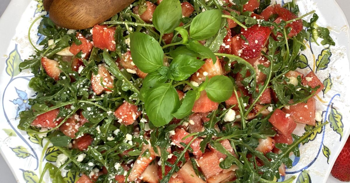 Arugula, Watermelon, Strawberry Salad With Lemon Strawberry Dressing