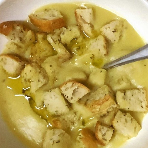 Potato Leek Soup With Lemon Rosemary Olive Oil & Homemade Croutons