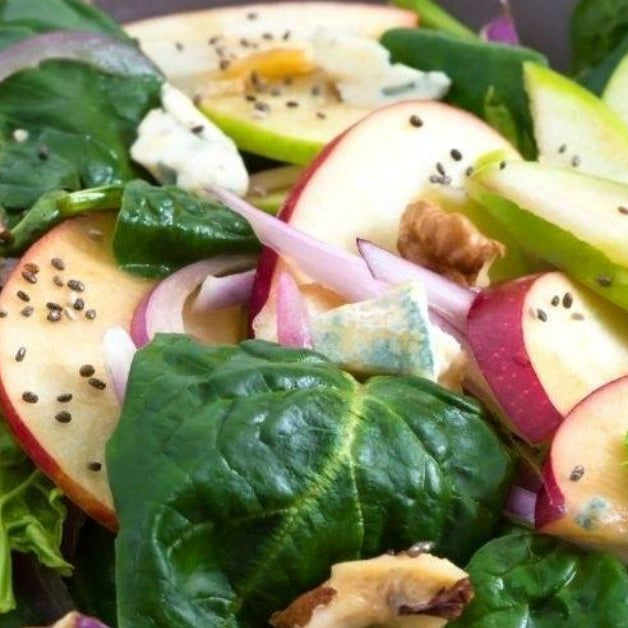Spinach, Apple, And Walnut Salad With Bacon EVOO & Bourbon Vinegar