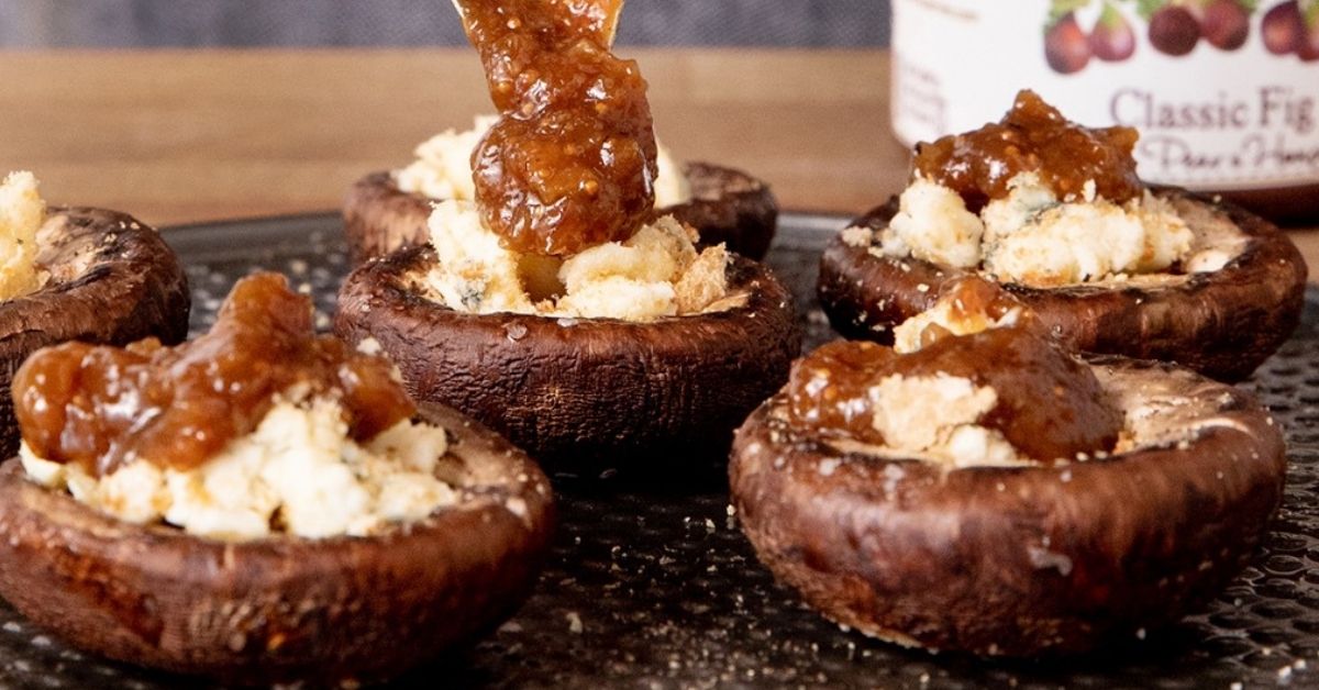 Portobello Bites With Blue Cheese and Fig, Pear & Honey Jam