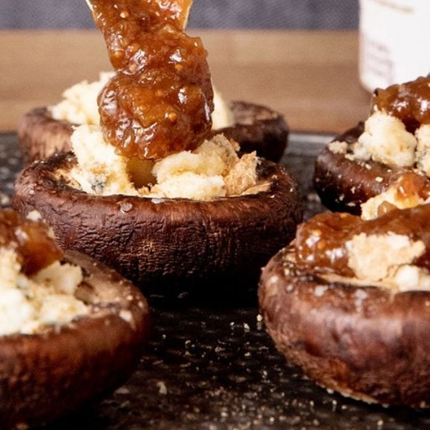 Portobello Bites With Blue Cheese and Fig, Pear & Honey Jam