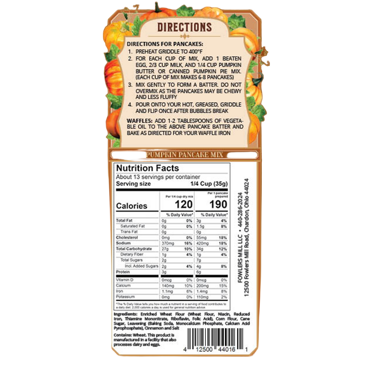 Pumpkin pancake mix label with directions and nutrition facts on a white background