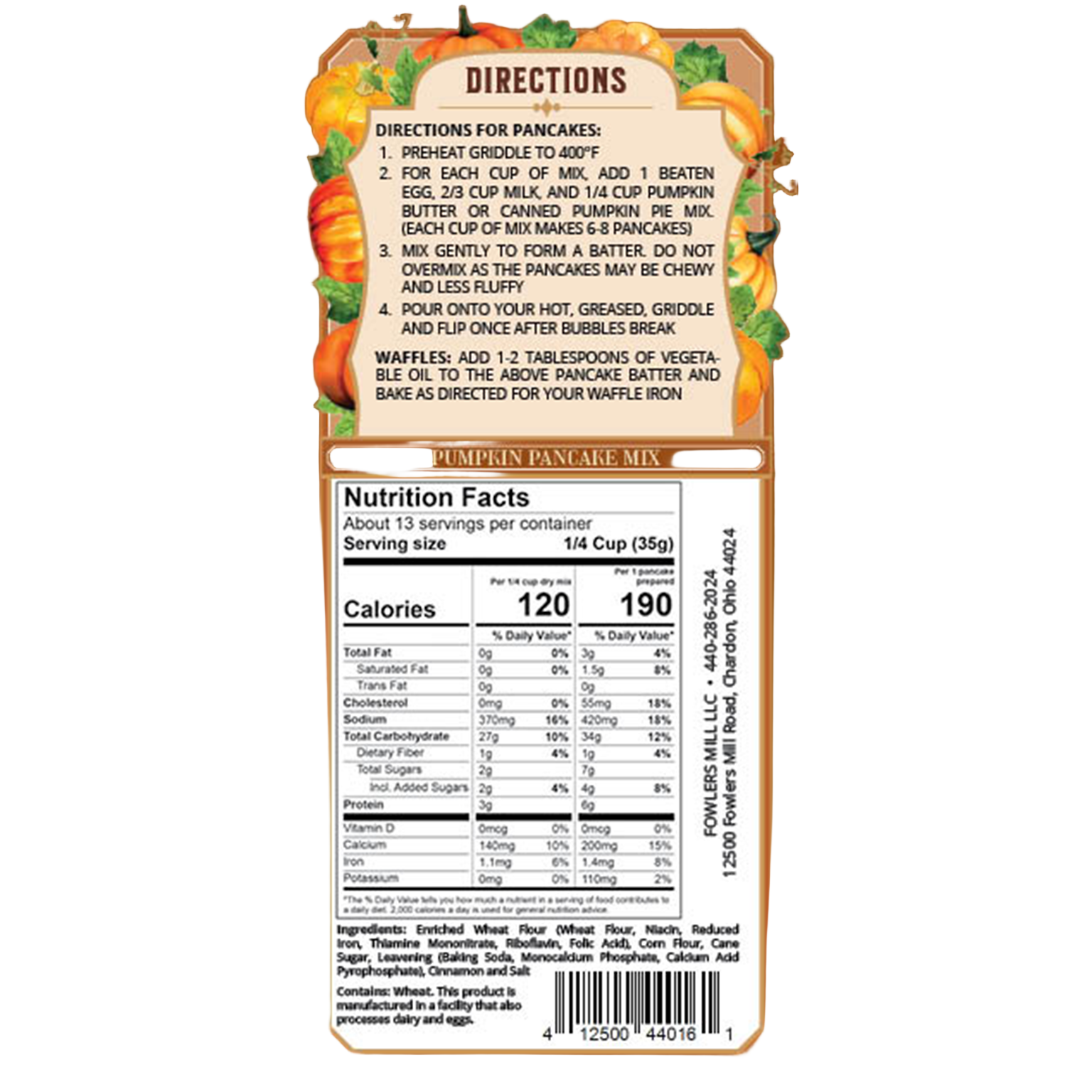 Pumpkin pancake mix label with directions and nutrition facts on a white background