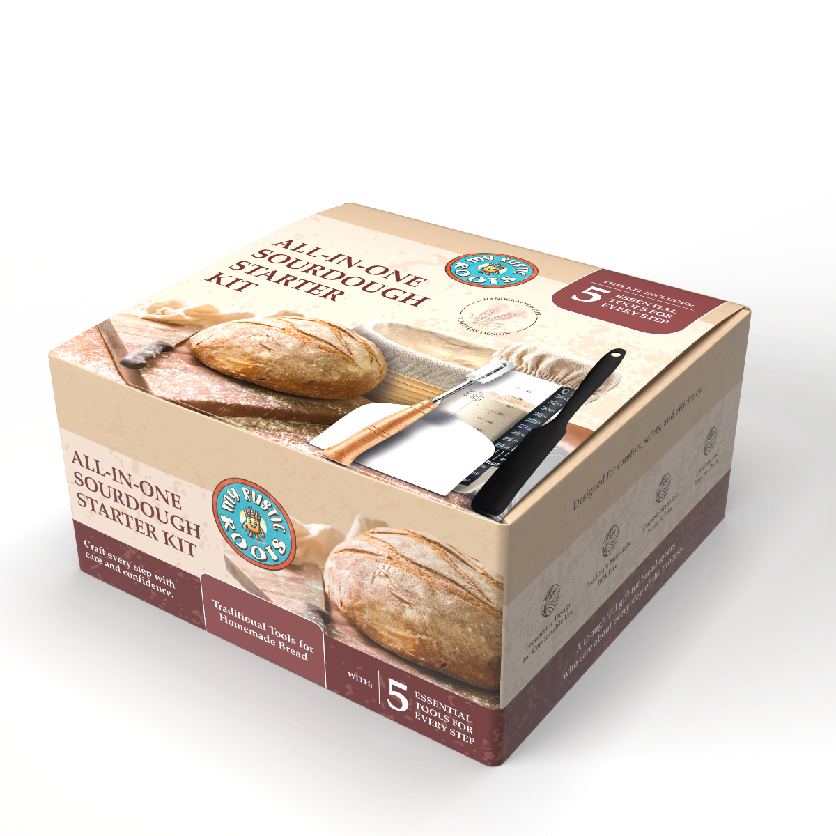 All-in-one sourdough starter kit packaging on a white background