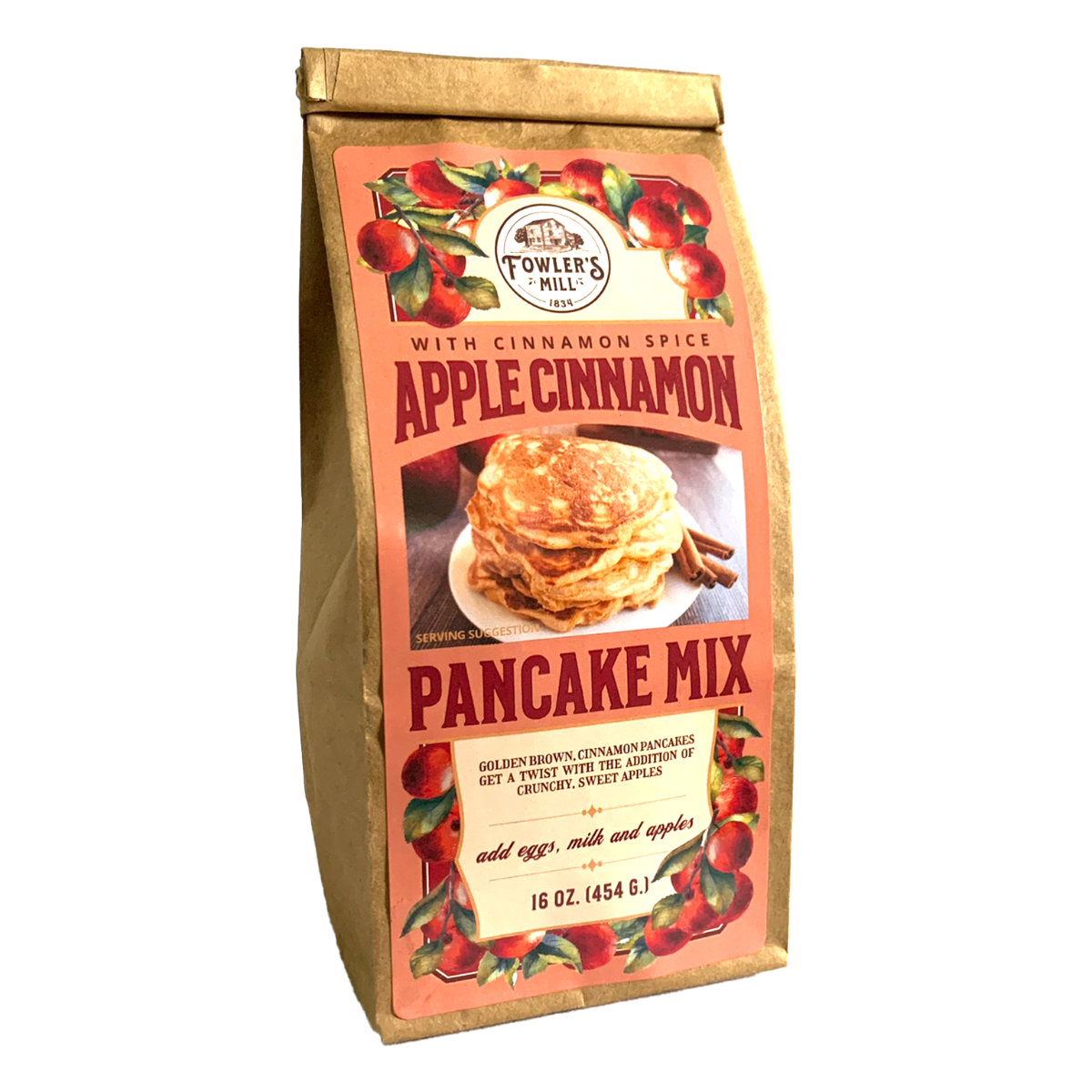Bag of Apple Cinnamon Pancake Mix with branding and product image on a white background