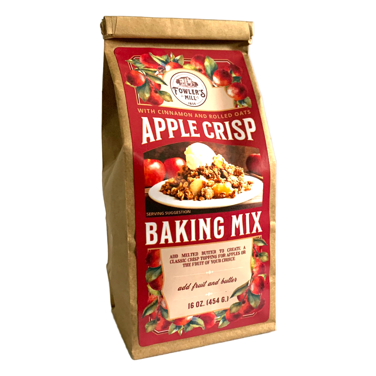 Bag of Fowler's Mill Apple Crisp Baking Mix on a white background