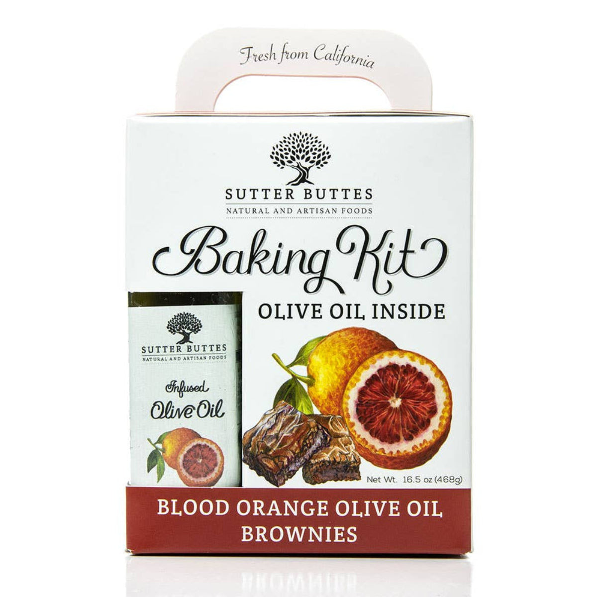 Sutter Buttes baking kit packaging with blood orange olive oil brownies on a white background