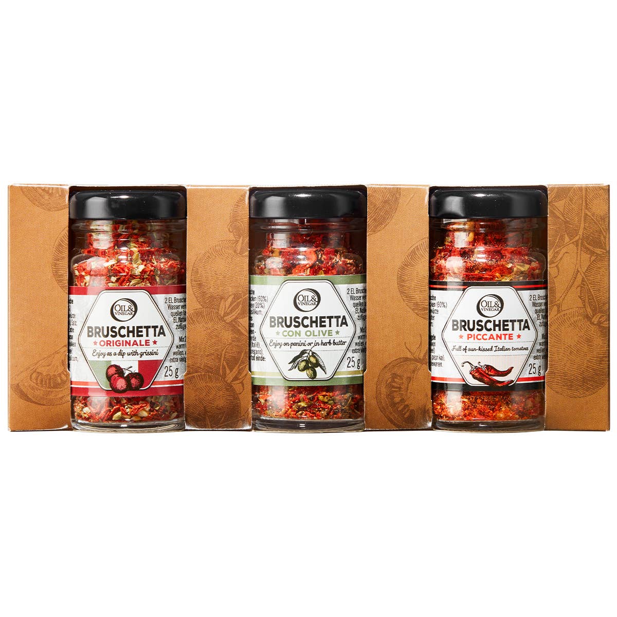 Three jars of Bruschetta Trio Dip in a row, each with a different flavor label, on a wooden surface with a patterned background.