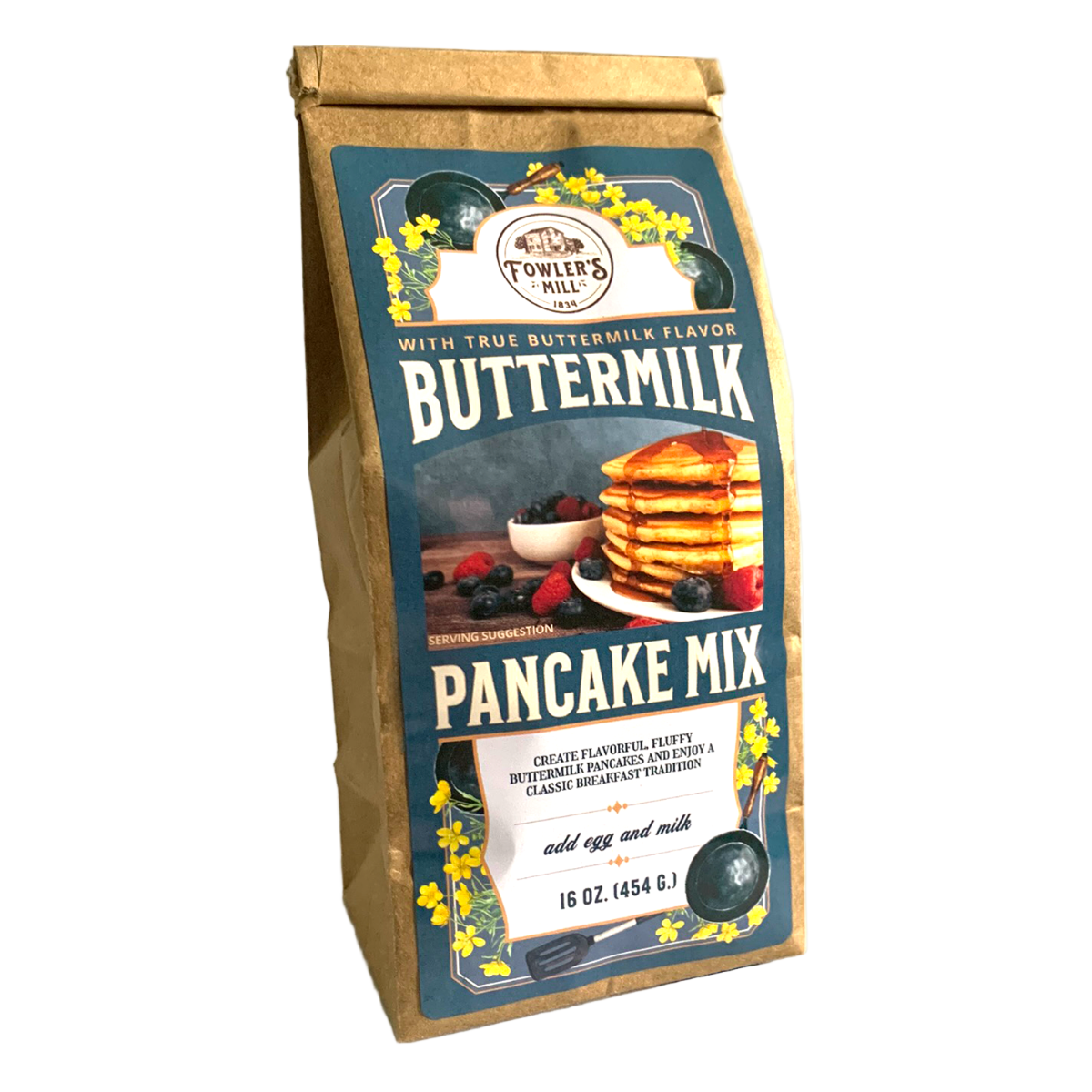 Bag of Buttermilk Pancake Mix with a picture of pancakes on a white background