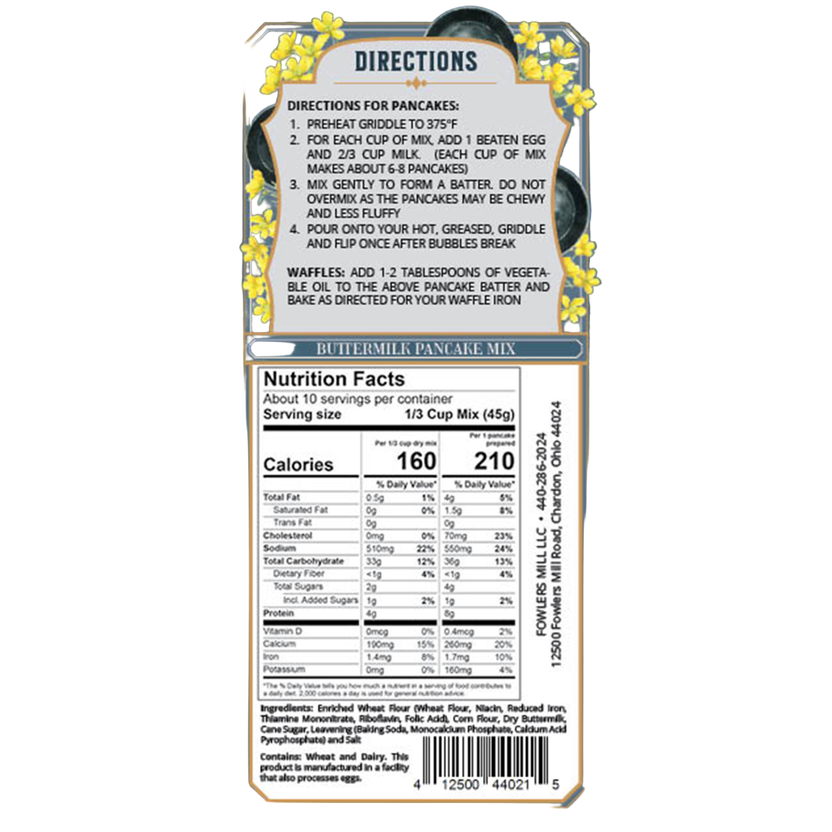 Back label of a pancake mix with directions and nutrition facts.