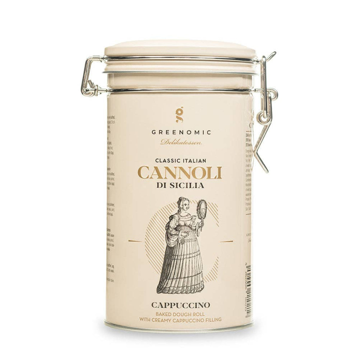 Cannoli canister with 'Greenomic' branding on a white background